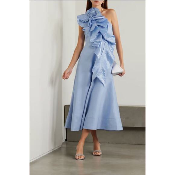 NEW Aje Adelia Ruffle Midi Dress AU 10 US 6 Light Sky Blue One Shoulder Midi - Picture 1 of 15